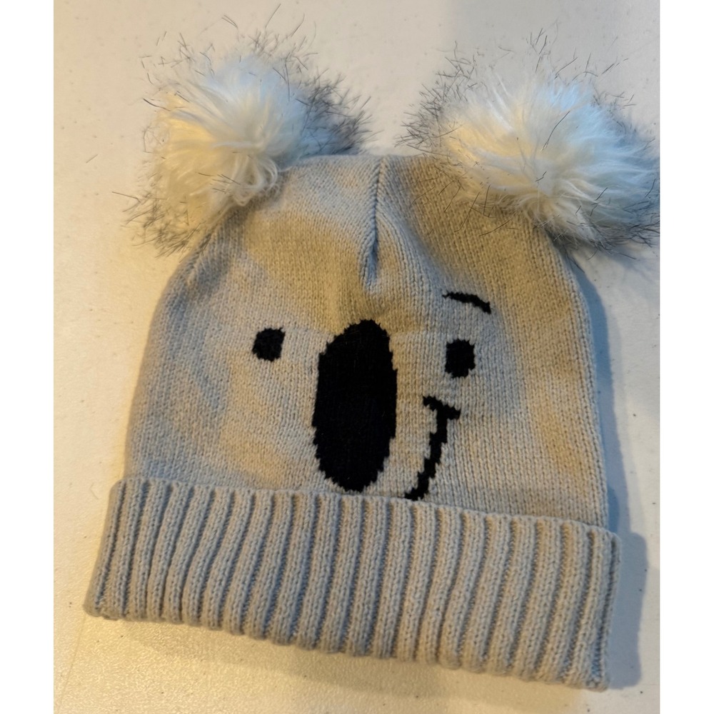 Hollister Gray Koala Knit Beanie Hat with Double Faux Fur Pom Poms One Size